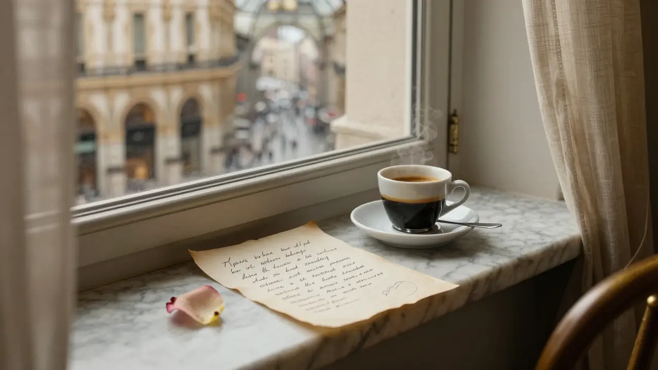 Handwritten note on marble windowsill in Brera, espresso cup and rose petal beside it, reflection of Galleria Vittorio Emanuele II in glass.