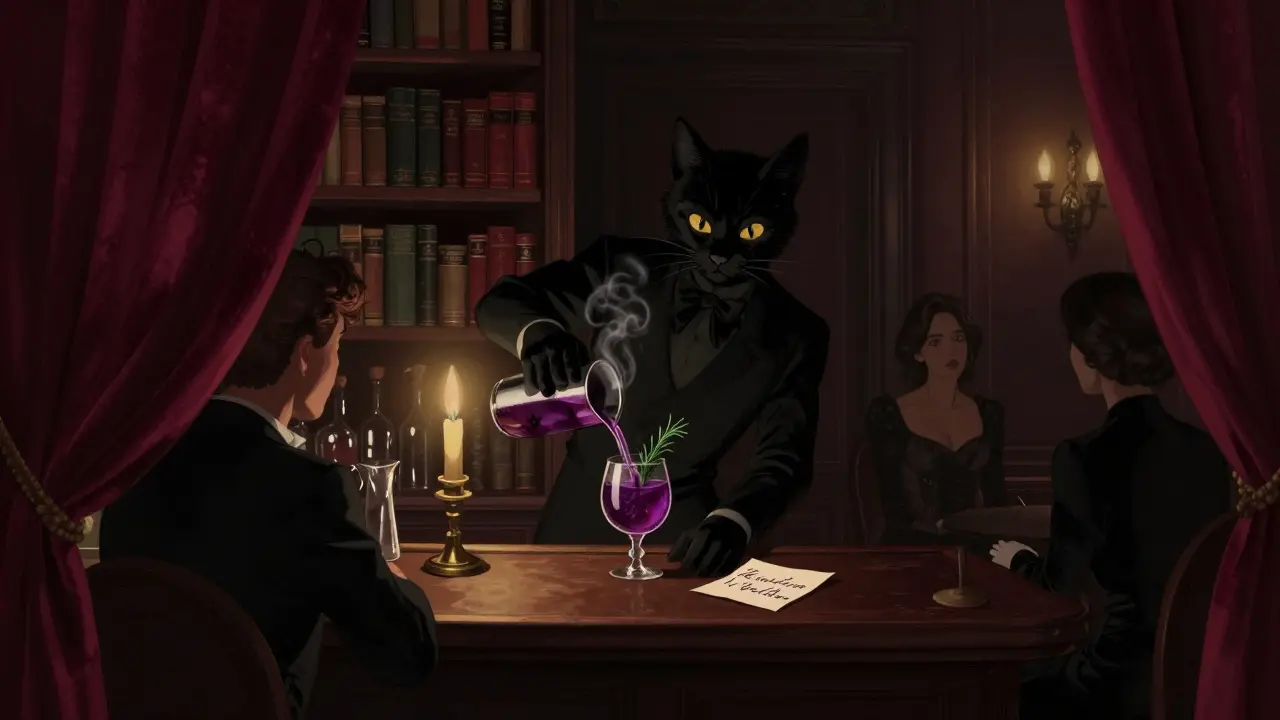 Hidden speakeasy bar with candlelit cocktails, rosemary smoke, and elegant patrons in shadowy elegance.