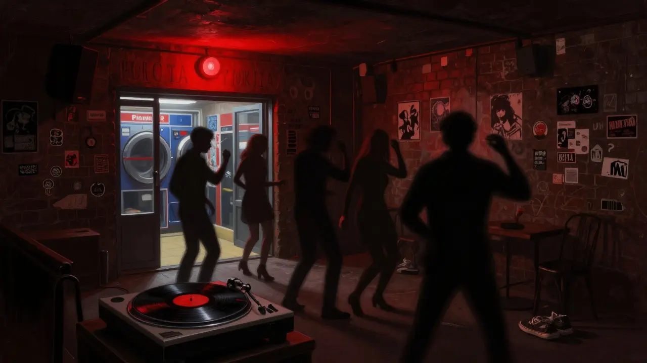 Hidden underground club in Porta Ticinese with dim strobe lights and silhouettes dancing in near darkness.