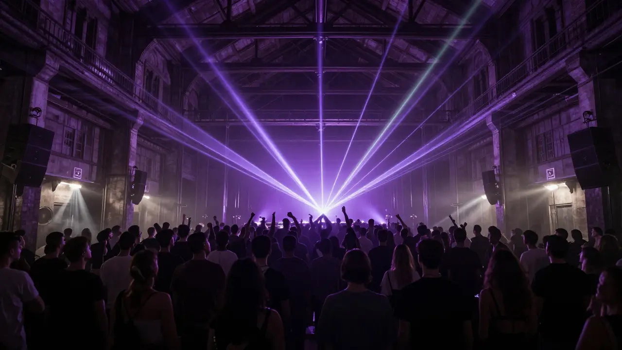 Interior of Magazzini Generali nightclub with laser lights and a synchronized crowd under industrial beams.