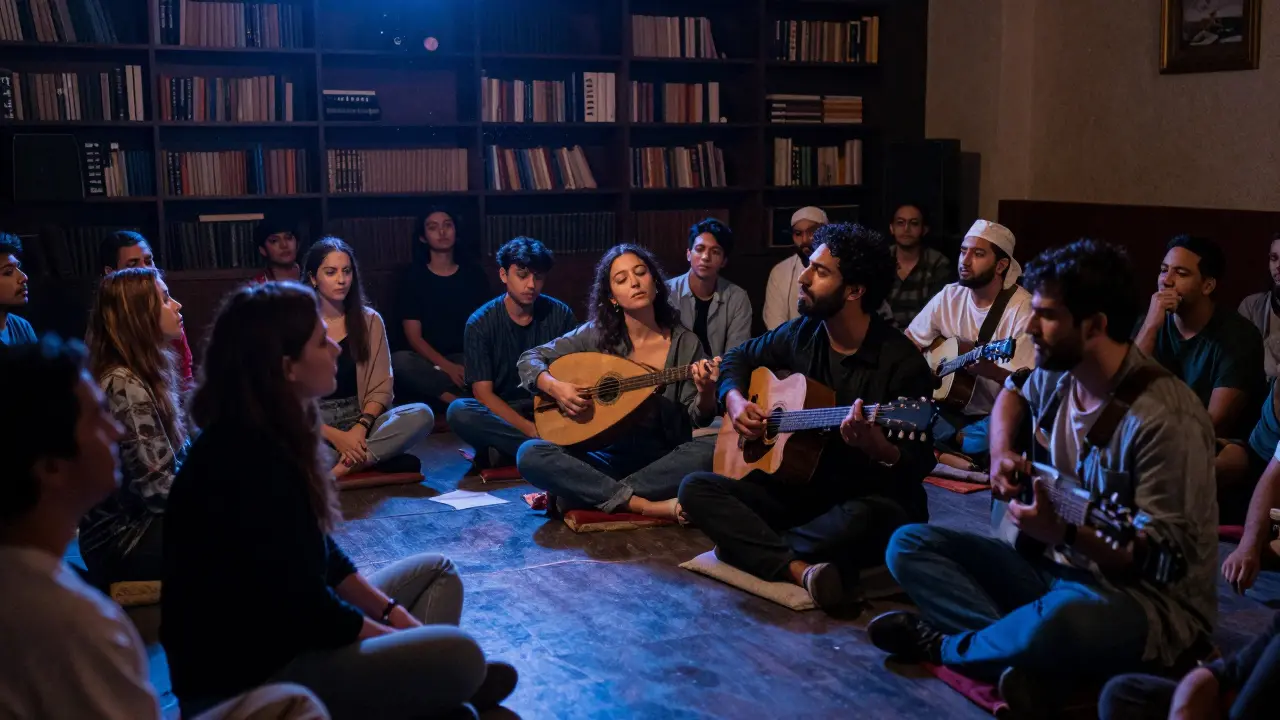 Intimate live music performance with oud and guitar in a cozy venue, audience listening quietly under soft lighting.
