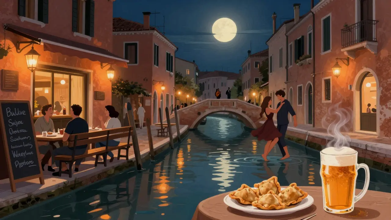 Lantern-lit canals of Navigli at night with locals laughing on benches and a couple dancing barefoot on a bridge.