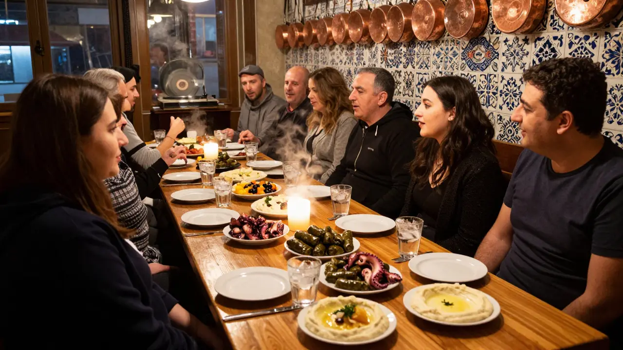 Locals sharing meze and raki in a warm, lively traditional Turkish tavern.