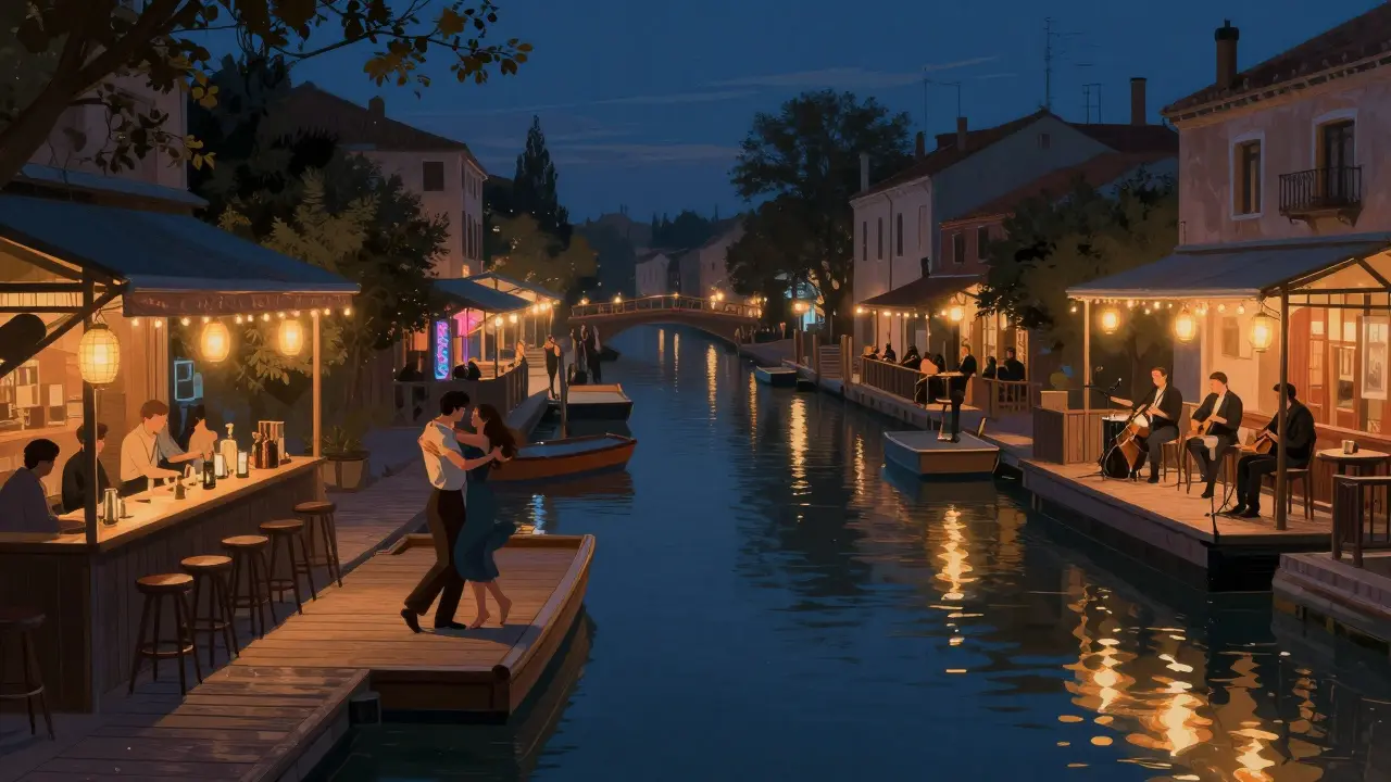 Nightscape of Navigli canals with people dancing on wooden docks under string lights and jazz music.