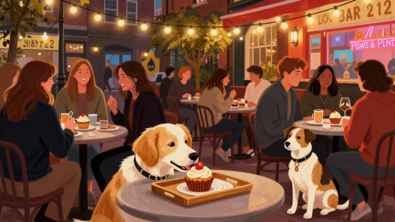People enjoying drinks with their dogs at a vibrant night event featuring dog treats.