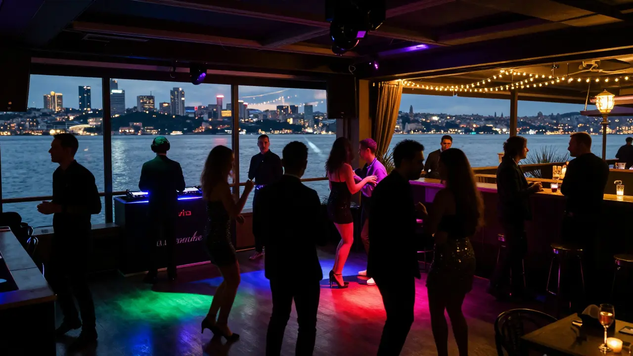 Reina nightclub on the Bosphorus with dancers under pulsing lights and city skyline reflections.