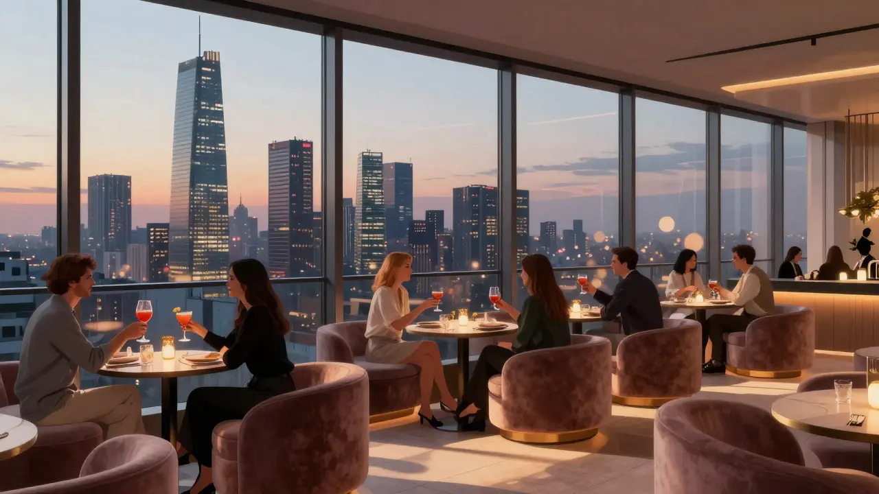 Rooftop bar with panoramic Milan skyline and guests sipping colorful cocktails at dusk.