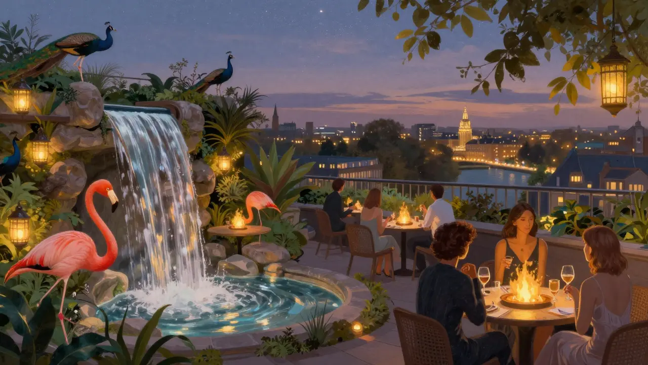Rooftop garden with waterfalls, flamingos, and peacocks under a starry London sky, guests sipping cocktails by fire pits.
