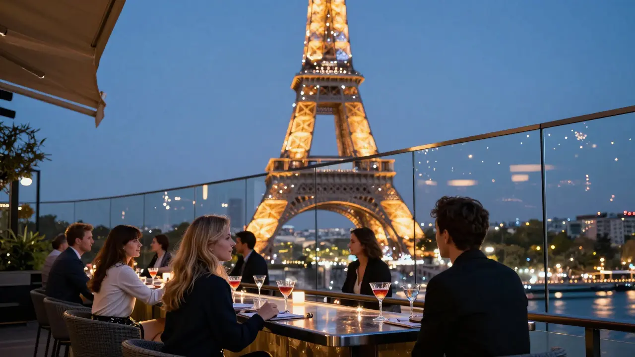 Terrace facing the Eiffel Tower as its hourly light show begins, guests watching in awe.