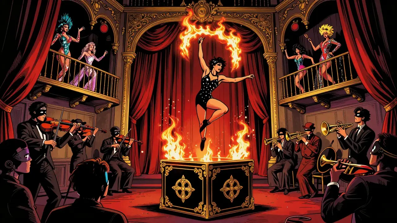 Theatrical cabaret show with fire dancer, drag performers, and masked audience in ornate, glittering setting.