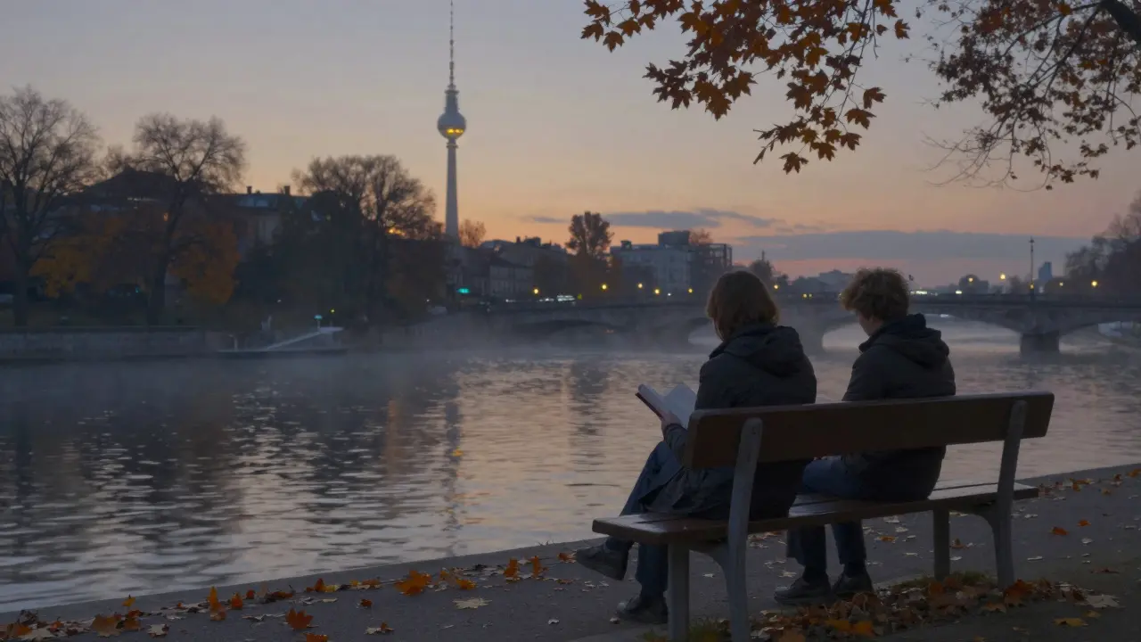 Two individuals sitting quietly on a bench by the Landwehrkanal at twilight, reflecting under soft city lights.