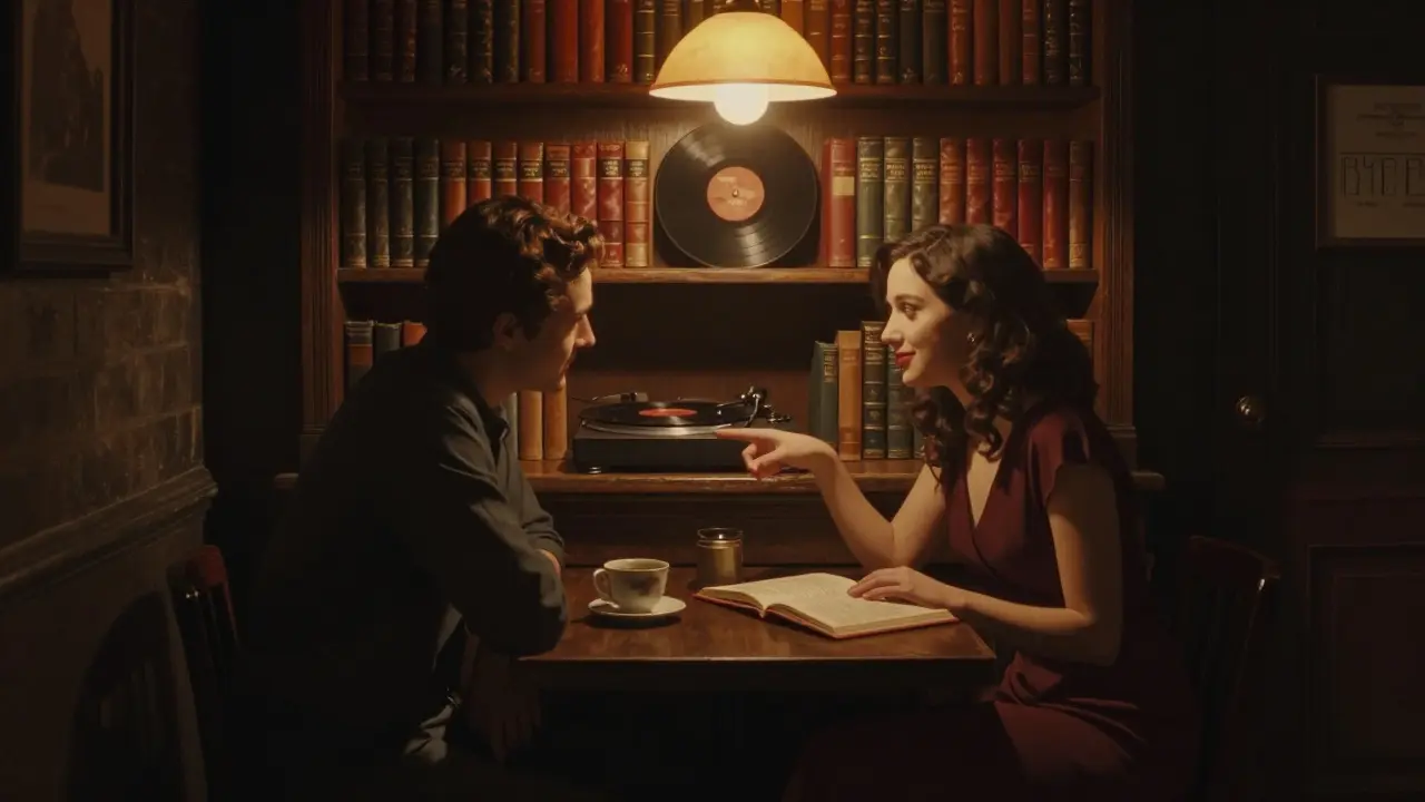 Two people in a hidden bookshop speakeasy, sharing tea and conversation under soft lamplight.