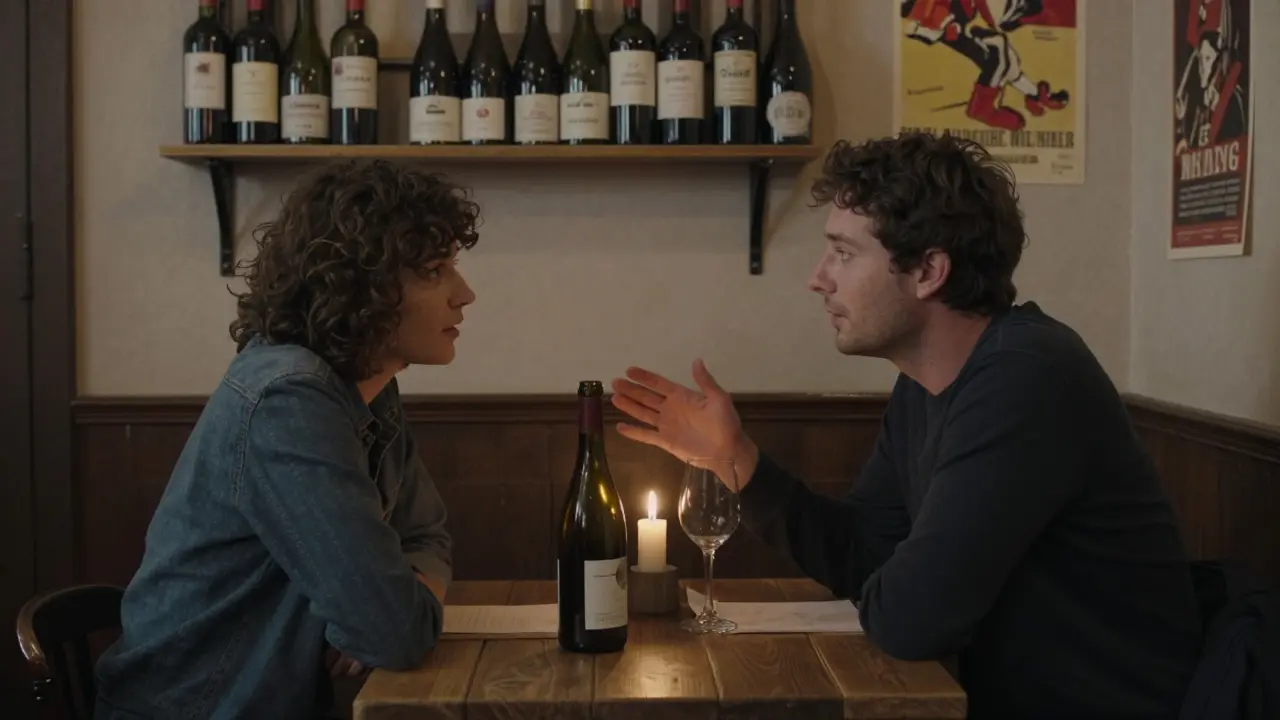 Two people share a quiet dinner in a Parisian bistro, candlelight illuminating their conversation.