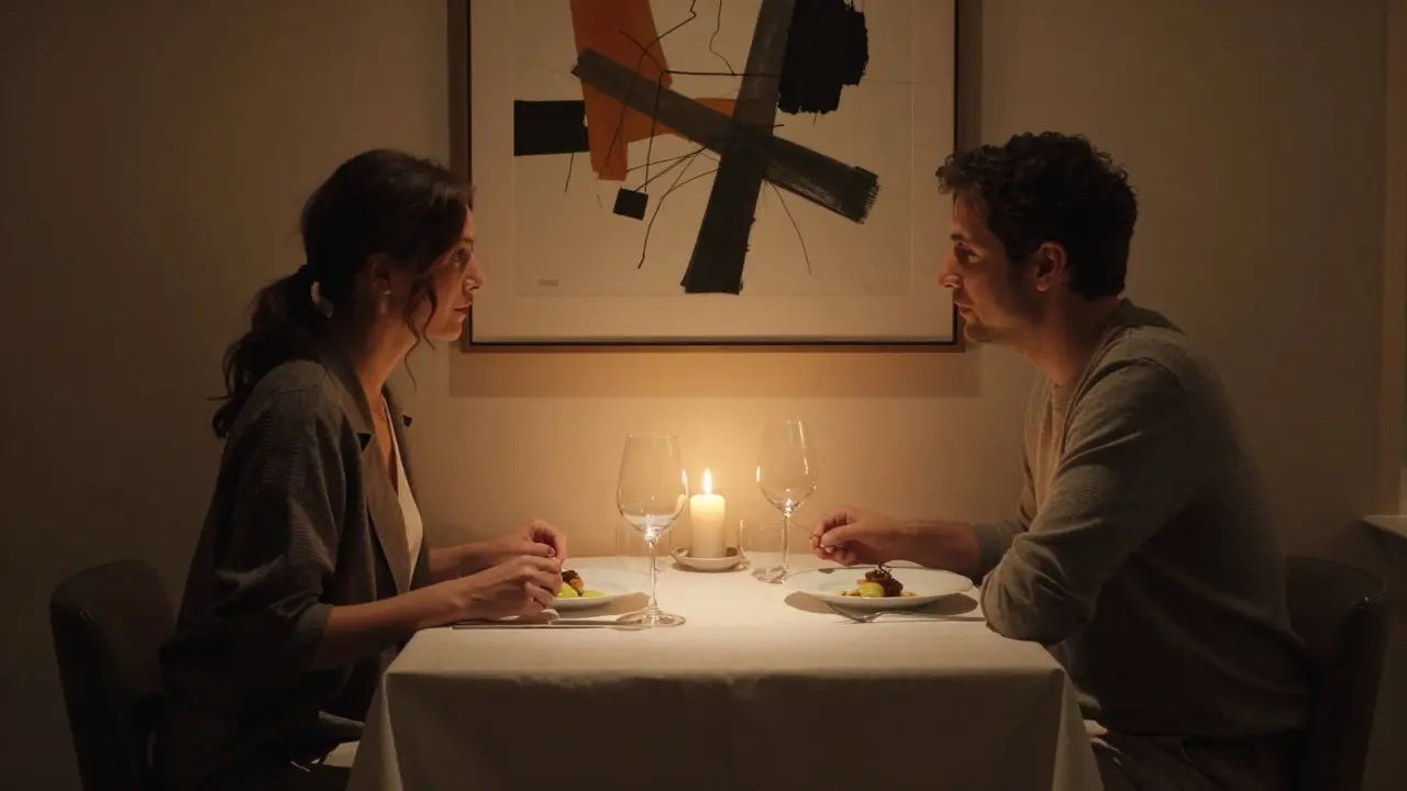Two people share a quiet dinner in a private restaurant room, softly lit by candles, engaged in thoughtful conversation.