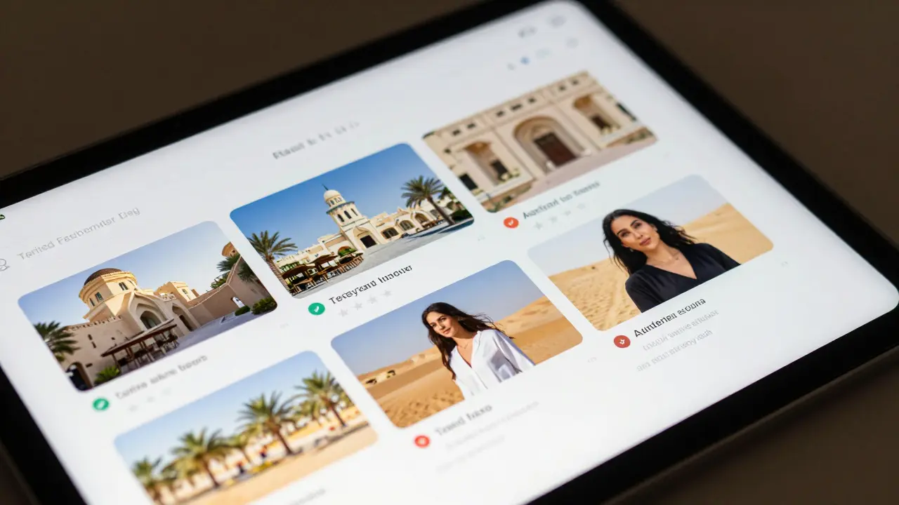 Verified escort profile on a tablet showing multiple authentic photos in different Abu Dhabi locations.