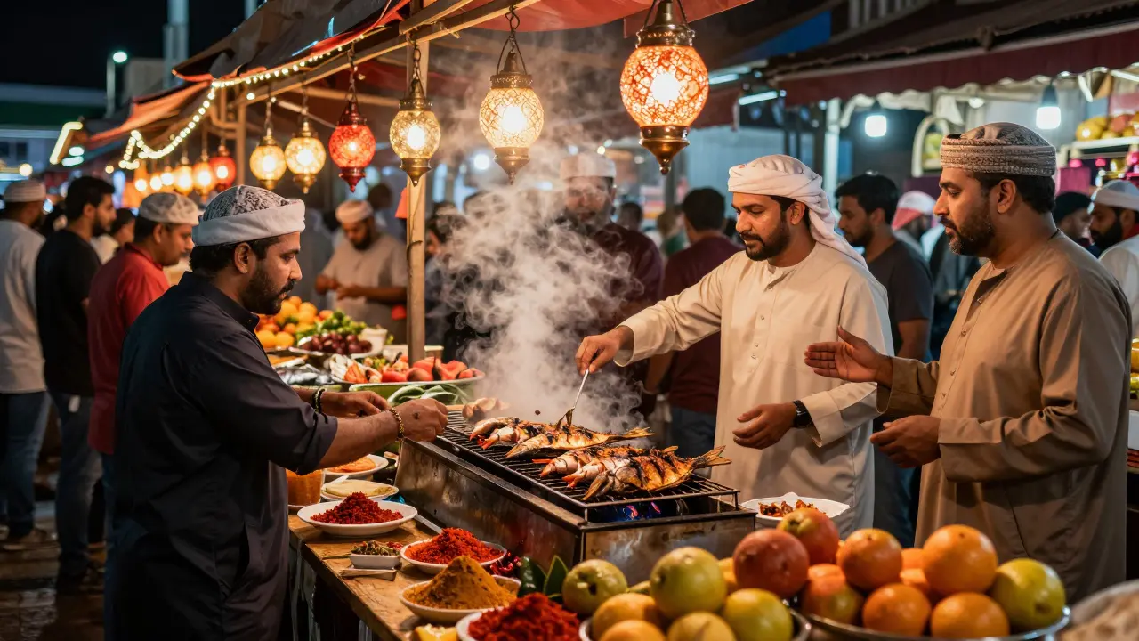 Vibrant night market at Al Bateen Fish Market with sizzling grills and people enjoying street food.
