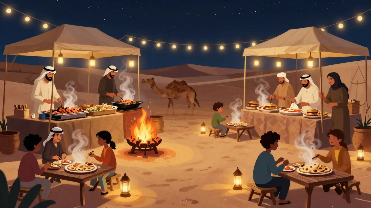 Vibrant night market with food vendors grilling seafood and bread under string lights, families sharing meals.