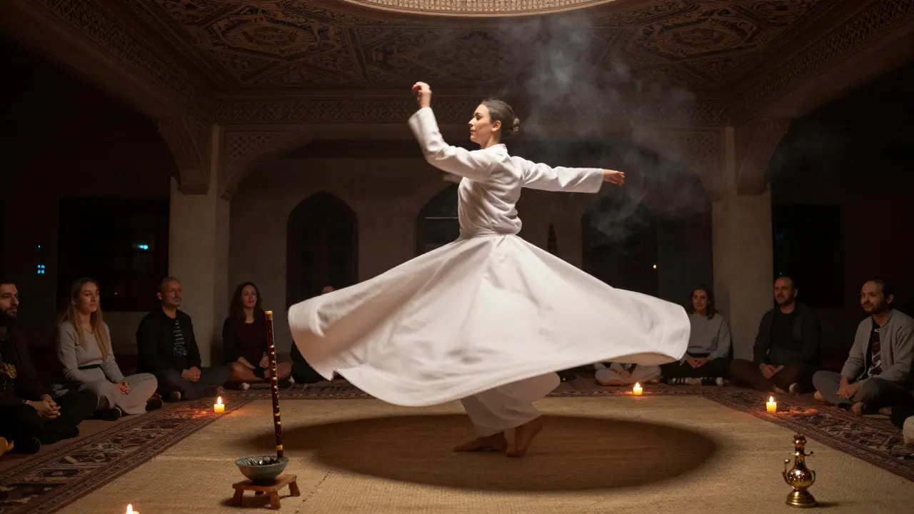 Whirling dervish in candlelit lodge, silent audience, spiritual atmosphere at night.